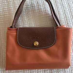 Longchamp Orange Nylon Tote with Brown Leather Trim